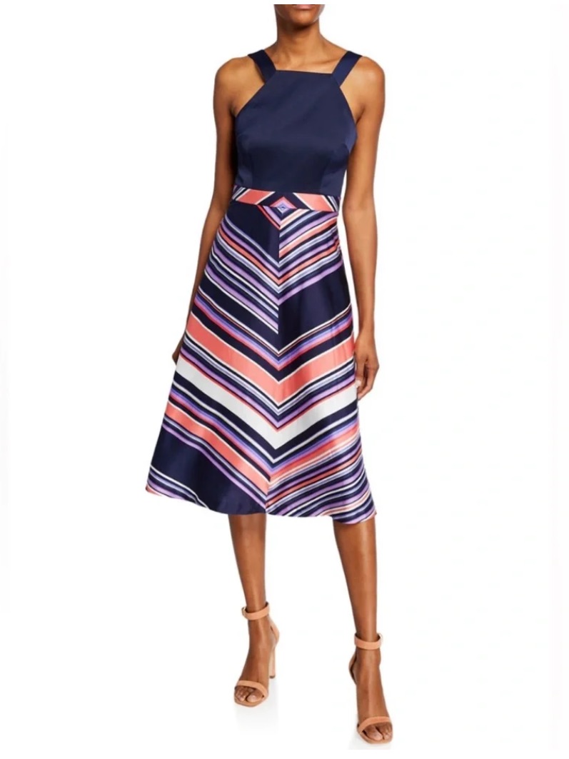 Trina Turk Arvida Navy Halter Midi Dress With Chevron Stripes